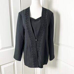 Vintage Black Lace-Trim Blazer Blouse w/ Removable Faux Layer Camisole- US 12